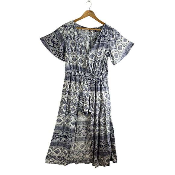 Romper Dress Midi Bule White Floral Geometric L by Hype Skort Vaca Beach Boho - Picture 1 of 15
